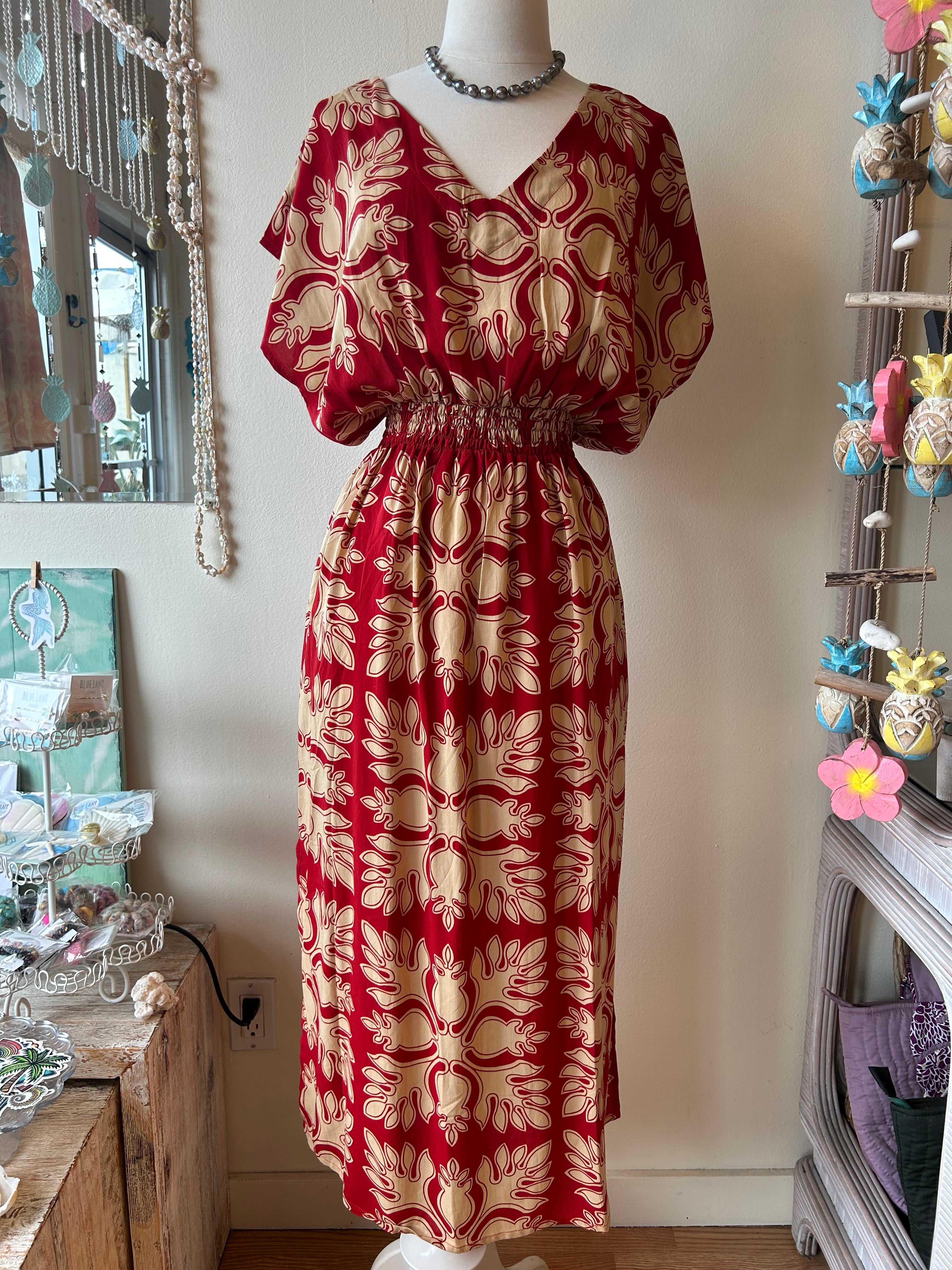 loosely fit dress worn a lot in hawaii codycross Princess Kaiulani Casual Hawaiian Quilt Inspired Red & Yellow Resort Dress